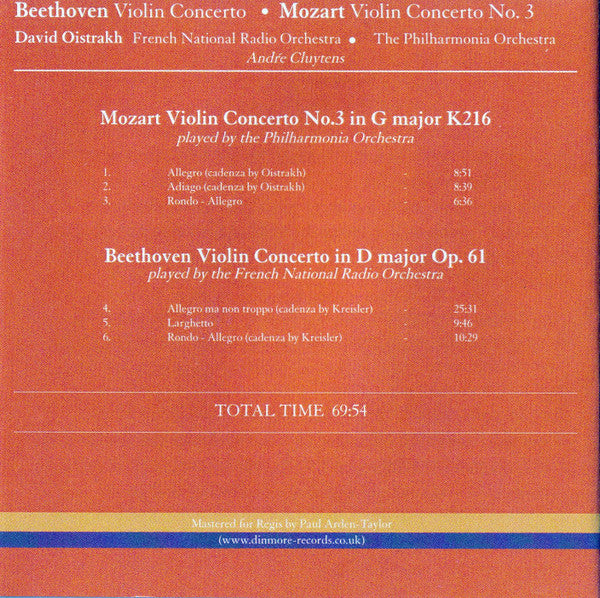 Beethoven*, Mozart*  -  David Oistrakh*, French National Radio Orchestra*, The Philharmonia Orchestra*, André Cluytens : Violin Concerto In D Major Op. 61 • Violin Concerto No. 3 In G Major K216 (CD, Comp, RE, RM)
