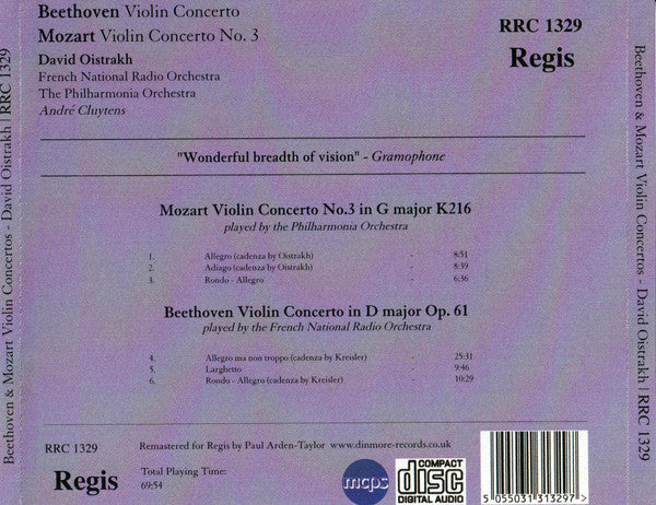 Beethoven*, Mozart*  -  David Oistrakh*, French National Radio Orchestra*, The Philharmonia Orchestra*, André Cluytens : Violin Concerto In D Major Op. 61 • Violin Concerto No. 3 In G Major K216 (CD, Comp, RE, RM)