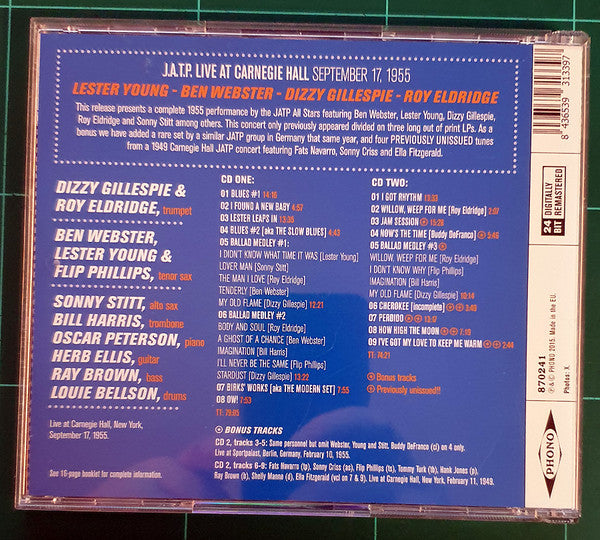 Lester Young, Ben Webster, Roy Eldridge, Dizzy Gillespie : J.A.T.P. Live At Carnegie Hall September 17, 1955 (2xCD, Comp)