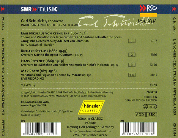 Emil Nikolaus Von Reznicek / Richard Strauss / Hans Pfitzner / Max Reger - Radio-Sinfonieorchester Stuttgart, Carl Schuricht : Theme And Variations »Tragische Geschichte« / Overture »Guntram« Op. 25 / Overture To »Käthchen Von Heilbronn« Op. 17 / Variations And Fugue On A Theme By Mozart Op. 132 (CD, Mono)