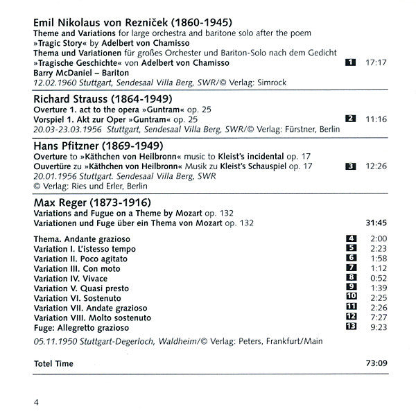 Emil Nikolaus Von Reznicek / Richard Strauss / Hans Pfitzner / Max Reger - Radio-Sinfonieorchester Stuttgart, Carl Schuricht : Theme And Variations »Tragische Geschichte« / Overture »Guntram« Op. 25 / Overture To »Käthchen Von Heilbronn« Op. 17 / Variations And Fugue On A Theme By Mozart Op. 132 (CD, Mono)