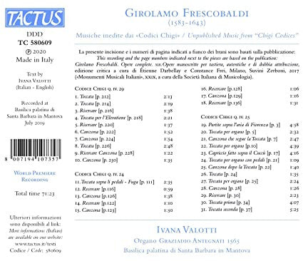 Girolamo Frescobaldi - Ivana Valotti : Musiche Inedite Dai Codici Chigi / Unpublished Music From "Chigi Codices" (CD, Album)