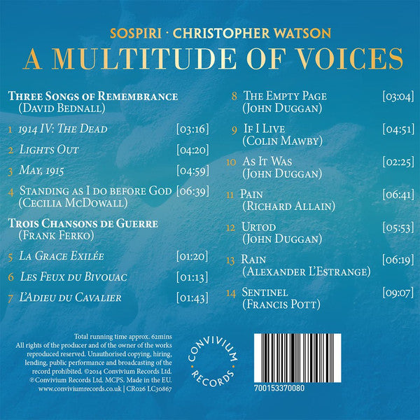 Sospiri, Christopher Watson, Susanna Fairbairn, Fournier Trio : A Multitude of Voices  (WWI Centenary In Choral Song) (CD, Album)