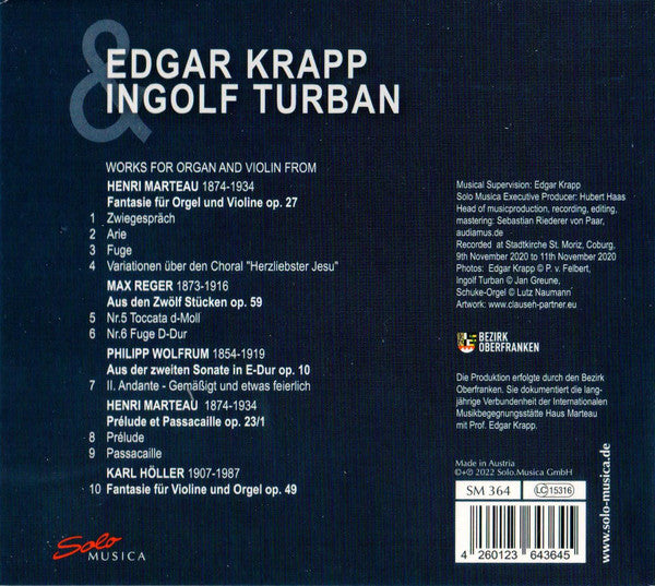 Henri Marteau, Max Reger, Philipp Wolfrum, Karl Höller / Edgar Krapp, Ingolf Turban : Works From Marteau, Wolfrum, Reger, Höller (CD, Album)