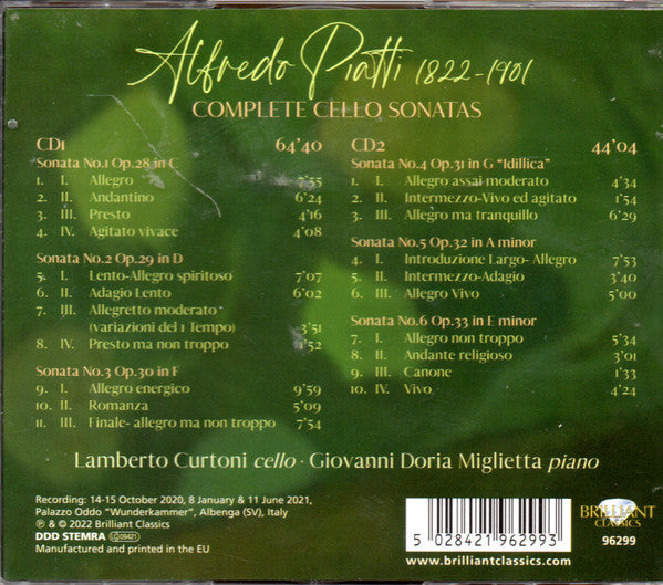 Carlo Alfredo Piatti - Lamberto Curtoni, Giovanni Doria Miglietta : Complete Cello Sonatas (2xCD, Album)