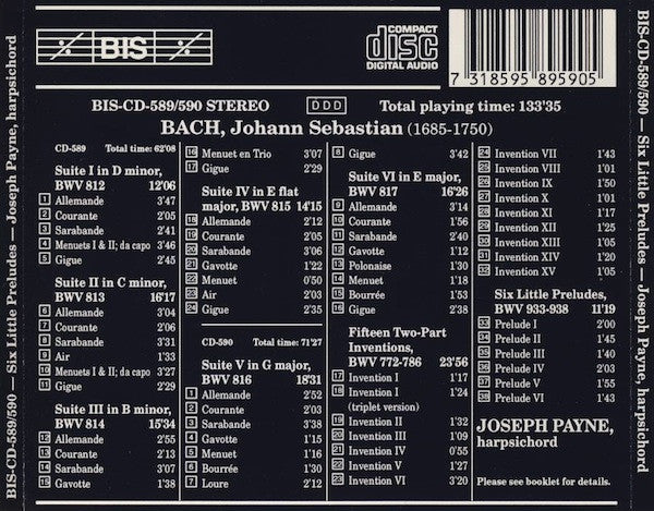 Johann Sebastian Bach, Joseph Payne : The Six French Suites, BWV 812-817 / Fifteen Inventions, BWV 772-786 / Six Little Preludes, BWV 933-938 (2xCD, Album)