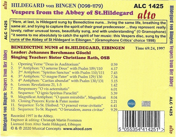 Hildegard Von Bingen, Schola Der Benediktinerinnenabtei St. Hildegard, Eibingen : Vespers From Her Abbey (CD, Album, RE)