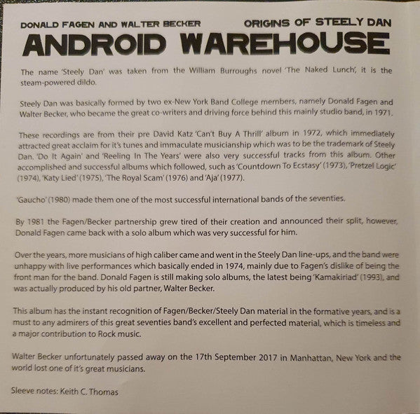 Donald Fagen & Walter Becker : Android Warehouse - Origins Of Steely Dan (CD, Comp, RE, RM)