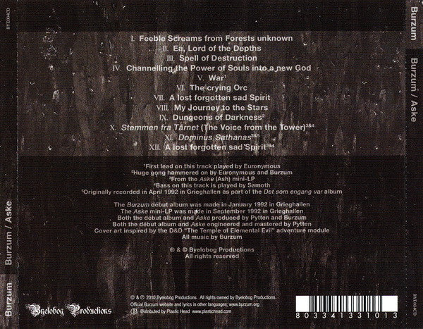 Burzum : Burzum / Aske (CD, Comp, RE, Sli)