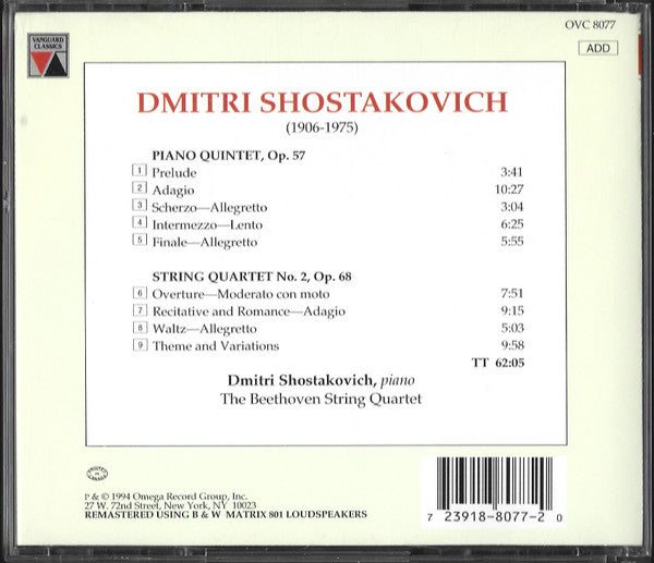 Dmitri Shostakovich, The Beethoven Quartet* : Piano Quintet / String Quartet No. 2 (CD, Comp, Mono, RM)