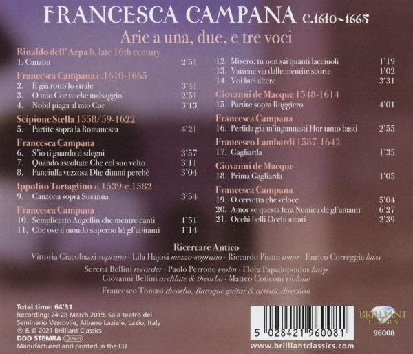 Francesca Campana – Ricercare Antico, Francesco Tomasi : Arie A Una, Due E Tre Voci (CD)