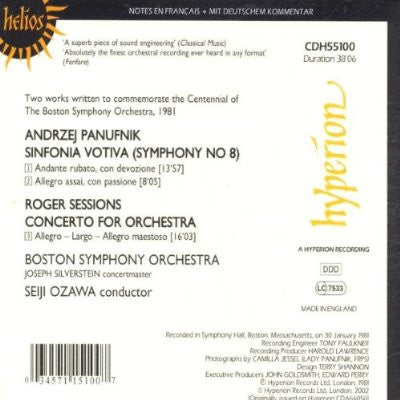 Andrzej Panufnik / Roger Sessions – Boston Symphony Orchestra, Seiji Ozawa : Sinfonia Votiva (Symphony No 8) / Concerto For Orchestra (CD, Album, RE)