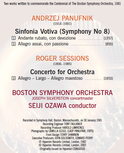 Andrzej Panufnik / Roger Sessions – Boston Symphony Orchestra, Seiji Ozawa : Sinfonia Votiva (Symphony No 8) / Concerto For Orchestra (CD, Album, RE)
