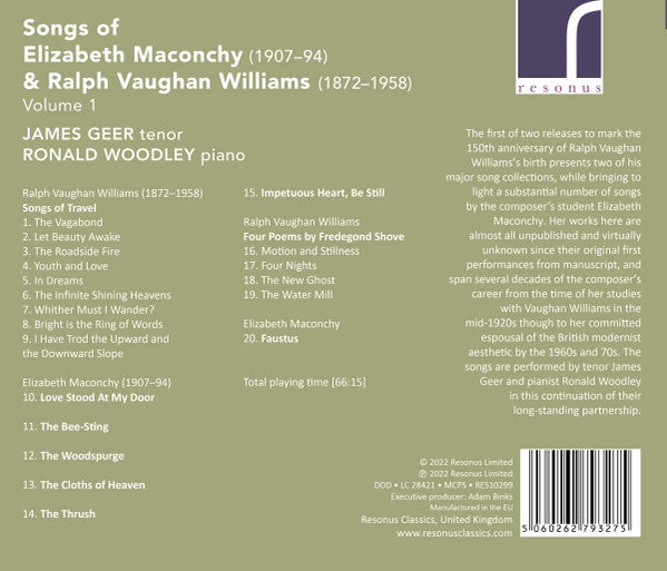 Elizabeth Maconchy & Ralph Vaughan Williams - James Geer, Ronald Woodley : Songs Of Elizabeth Maconchy &  Ralph Vaughan Williams Volume 1 (CD, Album)