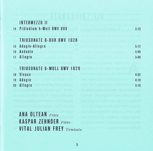 Johann Sebastian Bach – Kaspar Zehnder, Ana Ioana Oltean, Vital Julian Frey : Trio Sonatas (CD, Album)