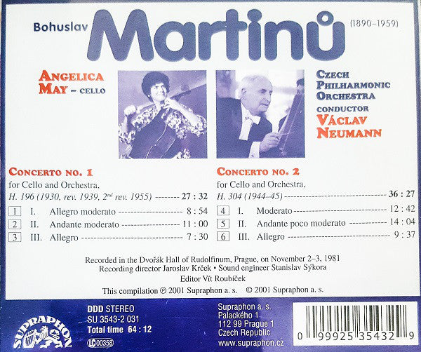 Bohuslav Martinů - Angelica May, The Czech Philharmonic Orchestra, Václav Neumann : Cello Concertos Nos 1 & 2 (CD, Comp, RE)