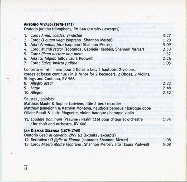 Ensemble Caprice : Vivaldi: The Return Of The Angels (CD, Album)