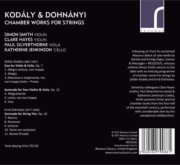 Zoltán Kodály & Ernst von Dohnányi - Simon Smith (6), Clare Hayes, Paul Silverthorne, Katherine Jenkinson : Chamber Works For Strings (CD, Album)
