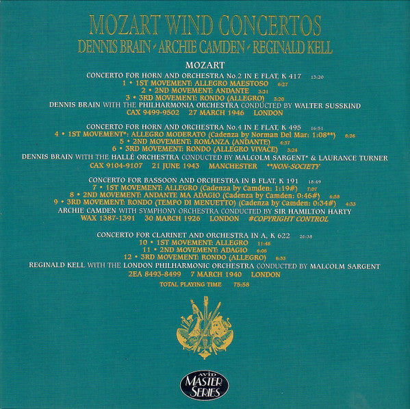 Wolfgang Amadeus Mozart, Dennis Brain, Archie Camden, Reginald Kell : Wind Concertos (CD, Mono, 3-D)
