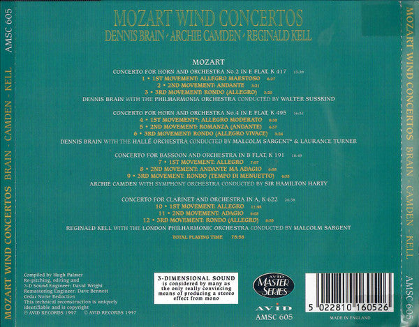 Wolfgang Amadeus Mozart, Dennis Brain, Archie Camden, Reginald Kell : Wind Concertos (CD, Mono, 3-D)
