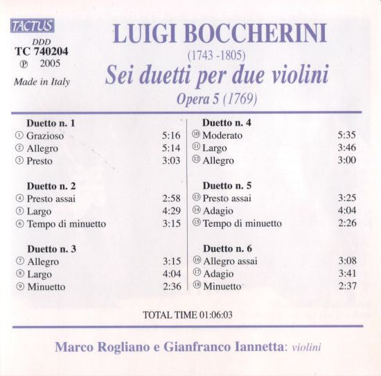 Luigi Boccherini, Marco Rogliano, Gianfranco Iannetta : Sei Duetti Per Due Violini Opera 5 (1769) (CD, Album)