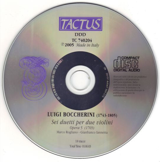 Luigi Boccherini, Marco Rogliano, Gianfranco Iannetta : Sei Duetti Per Due Violini Opera 5 (1769) (CD, Album)