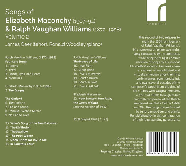 Elizabeth Maconchy & Ralph Vaughan Williams - James Geer, Ronald Woodley : Songs Of Elizabeth Maconchy & Ralph Vaughan Williams Volume 2 (CD, Album)