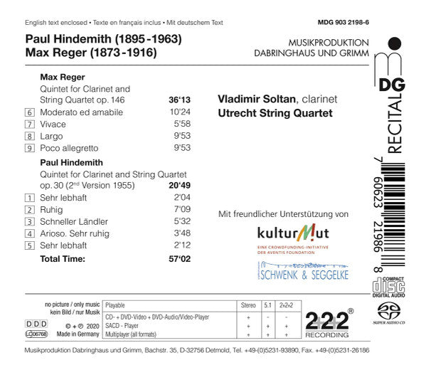 Paul Hindemith, Max Reger, Vladimir Soltan (2), Utrecht String Quartet : Clarinet Quintets (SACD, Hybrid, Multichannel, Album)
