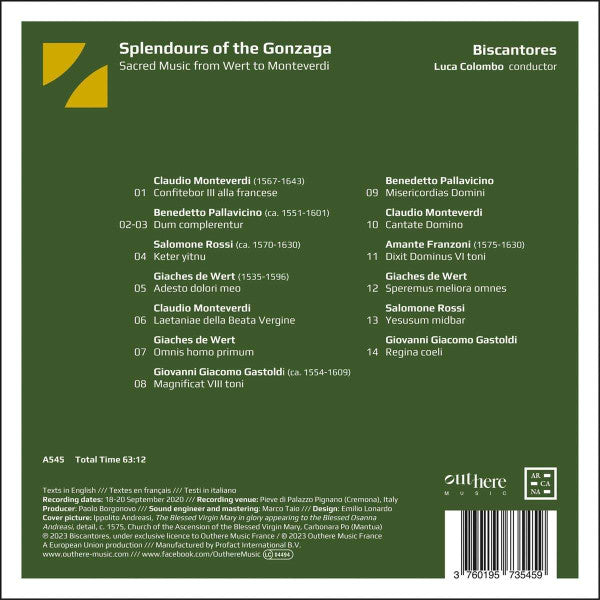 Biscantores, Luca Colombo (10) : Splendours Of Gonzaga - Sacred Music From Wert To Monteverdi (CD, Album)
