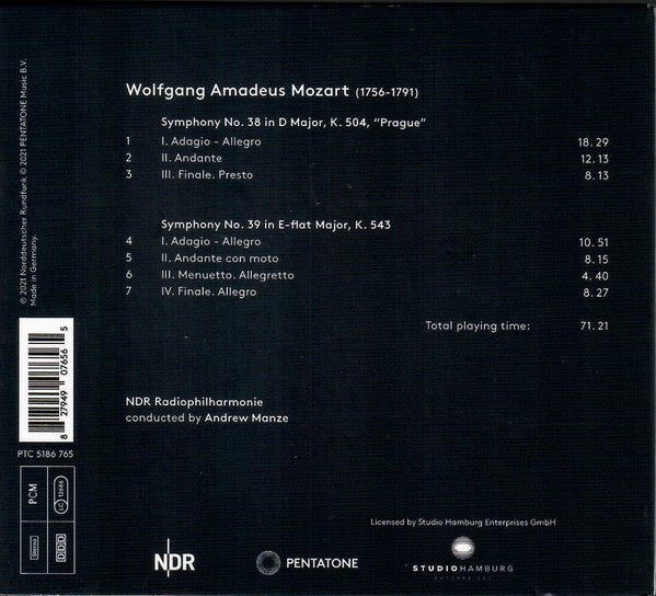 Wolfgang Amadeus Mozart, NDR Radiophilharmonie, Andrew Manze : Symphonies 38 & 39  (CD, Album, PCM)
