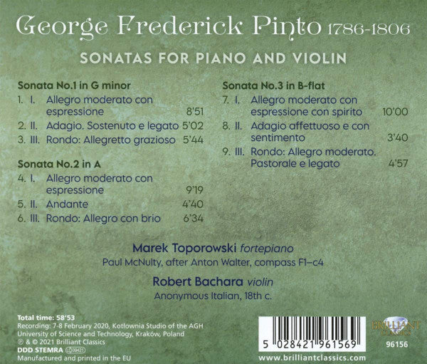 George Frederick Pinto, Marek Toporowski, Robert Bachara : Sonatas For Piano And Violin (CD, Album)
