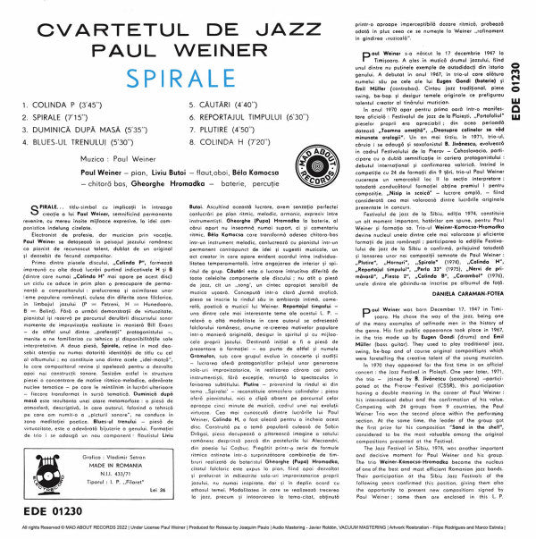 Cvartetul De Jazz Paul Weiner : Spirale (Jazz Cu Paul Weiner) (LP, Album, Dlx, RE, RM, 180)