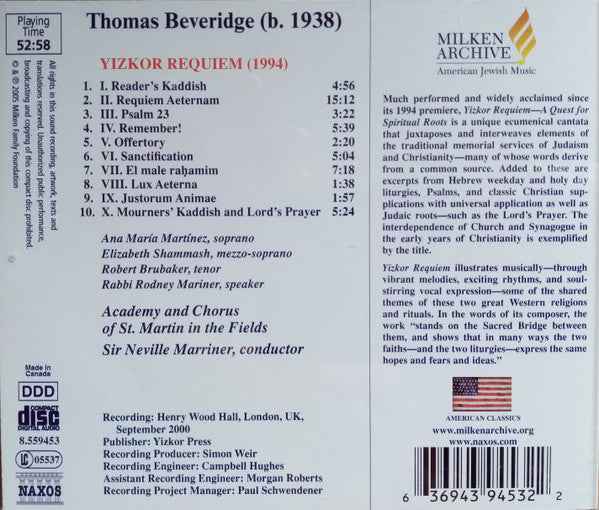 Thomas Beveridge, Sir Neville Marriner : Yizkor Requiem. A Quest for Spiritual Roots (CD, Album)
