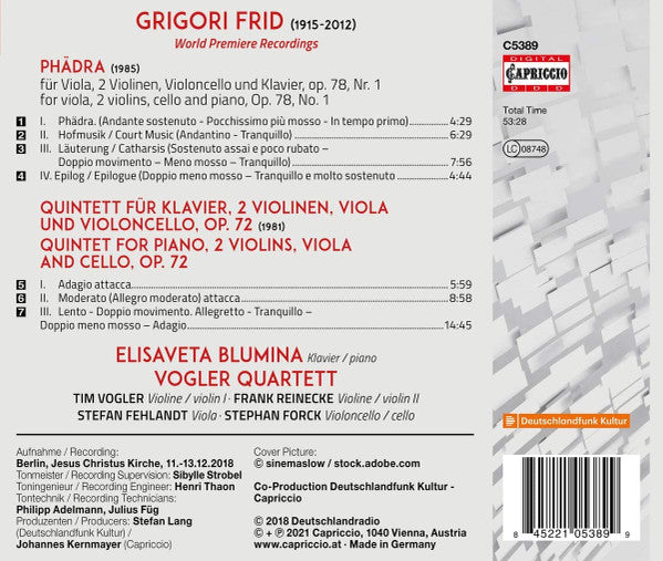 Григорий Фрид, Elisaveta Blumina, Vogler Quartett : Phädra Op. 78 No. 1; Piano Quintet Op. 72 (CD, Album)