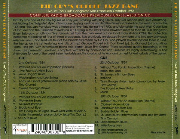 Kid Ory And His Creole Jazz Band : Live at The Club Hangover, San Francisco October 1954 (2xCD, Album, RM)