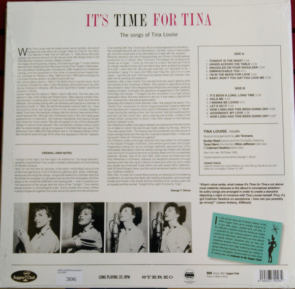 Tina Louise : It's Time For Tina (The Songs Of Tina Louise) (LP, Album, Ltd, Num, RE)