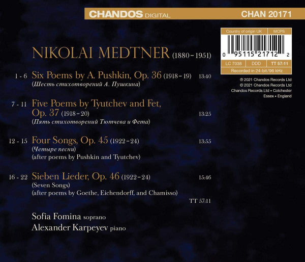 Nikolai Medtner, Sofia Fomina, Alexander Karpeyev : Songs (CD, Album)