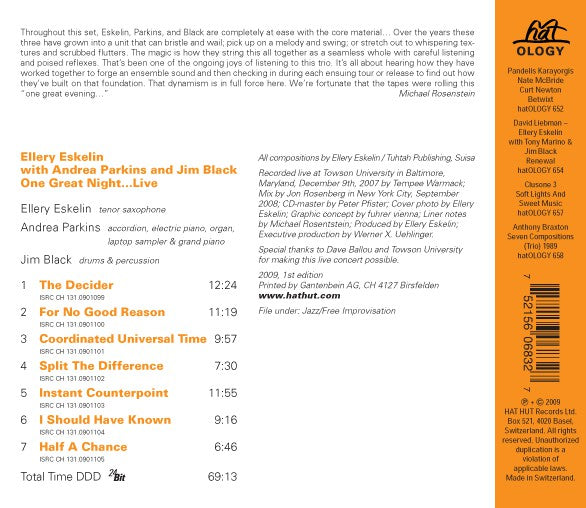 Ellery Eskelin with Andrea Parkins & Jim Black : One Great Night...Live (CD, Album)