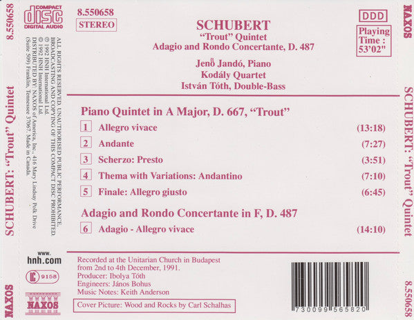 Franz Schubert : Jenö Jandó · Kodály Quartet · István Tóth : Piano Quintet 'Trout' · Adagio And Rondo Concertante (CD, Album, RE)