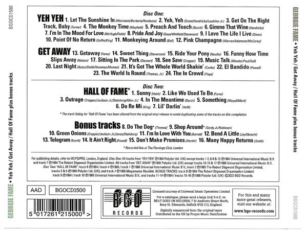 Georgie Fame : Yeh Yeh / Get Away / Hall Of Fame Plus Bonus Tracks (2xCD, Comp, RM)