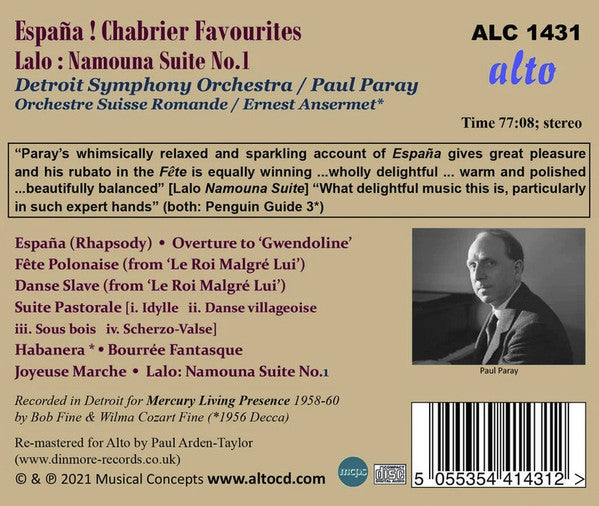 Emmanuel Chabrier, Édouard Lalo, Detroit Symphony Orchestra, Paul Paray, L'Orchestre De La Suisse Romande, Ernest Ansermet : España Favourites; Namouna Suite No. 1 (CD, Comp, RM)