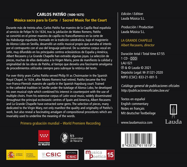 Carlos Patiño – La Grande Chapelle, Albert Recasens : Música Sacra Para La Corte (CD)