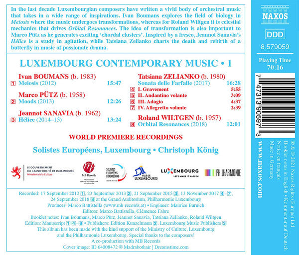 Ivan Boumans, Marco Pütz (2), Jeannot Sanavia, Roland Wiltgen, Tatsiana Zelianko, Solistes Européens Luxembourg, Christoph König (2) : Luxembourg Contemporary Music • 1 (CD, Album)