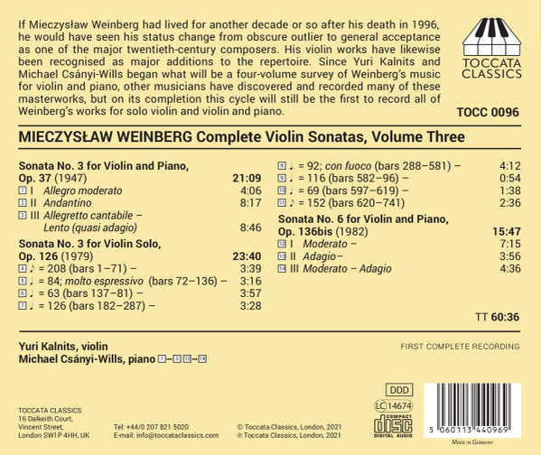 Mieczysław Weinberg, Yuri Kalnits, Michael Csanyi-Wills : Complete Violin Sonatas, Volume Three (CD, Album)