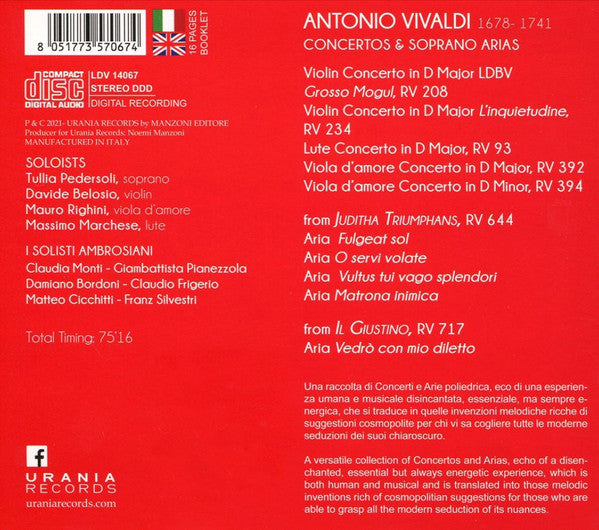 Antonio Vivaldi, I Solisti Ambrosiani, Tullia Pedersoli, Davide Belosio : Concertos & Soprano Arias (CD, Album)