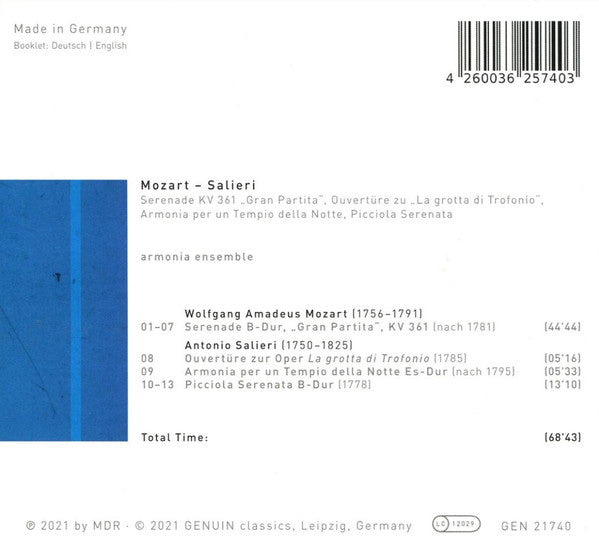 Wolfgang Amadeus Mozart  -  Antonio Salieri, Armonia Ensemble : Serenade KV 361 "Gran Partita," Overture Of "La Grotta di Trofonio," Armonia Per Un Tempio Della Notte, Picciola Serenata (CD, Album)