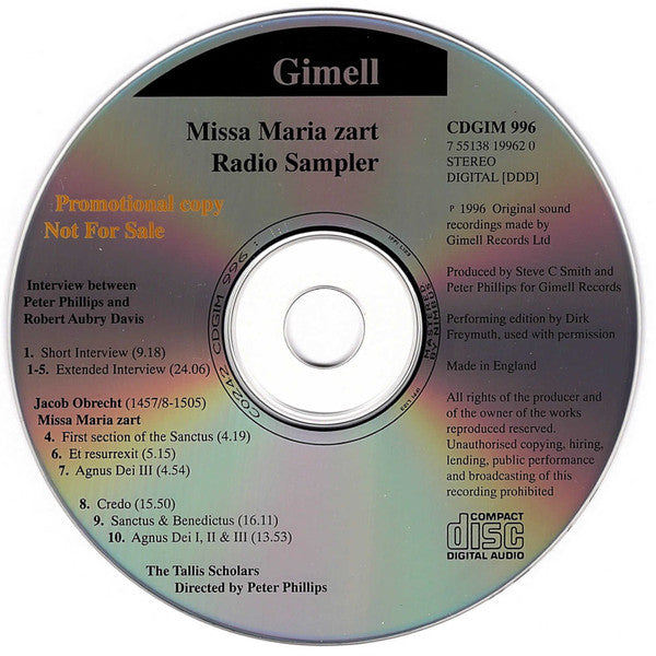 Jacob Obrecht, The Tallis Scholars, Peter Phillips (2), Robert Aubry Davis : Missa Maria Zart - Radio Sampler (CD, Promo, Smplr)