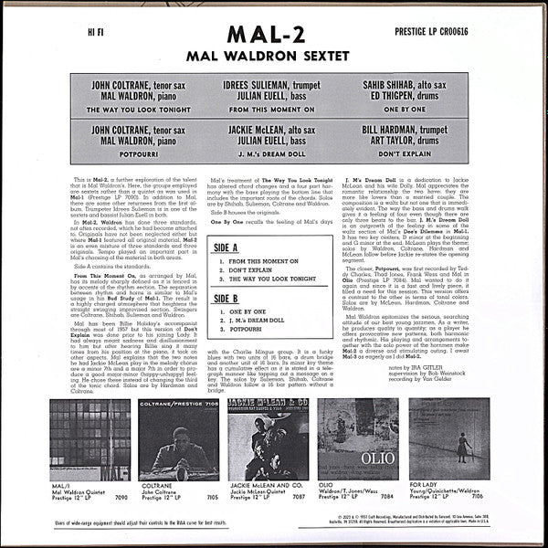 Mal Waldron With Jackie McLean, John Coltrane, Idrees Sulieman, Sahib Shihab And Bill Hardman : Mal/2 (LP, Album, Mono, RE, 180)
