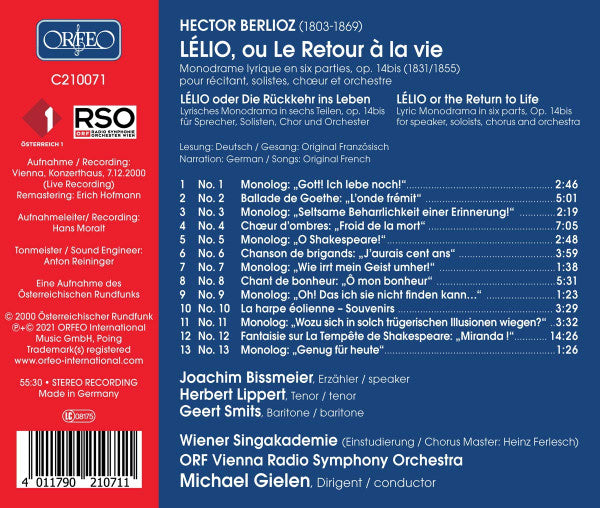 Hector Berlioz, Joachim Bißmeier, Herbert Lippert, Geert Smits, Wiener Singakademie, ORF Radio-Symphonieorchester Wien, Michael Gielen : Lélio  (CD, Album, RM)