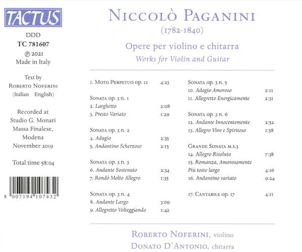 Niccolò Paganini, Roberto Noferini, Donato D'Antonio (2), Nicola Paszkowski : Opere Per Violino E Chitarra (CD, Album)